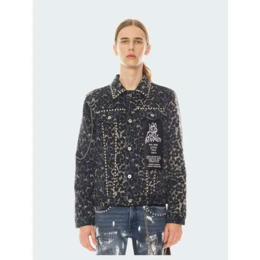 Men * | Cult Of Individuality Type Ii Denim Jacket Leopard Coats, Jackets & Blazers Black