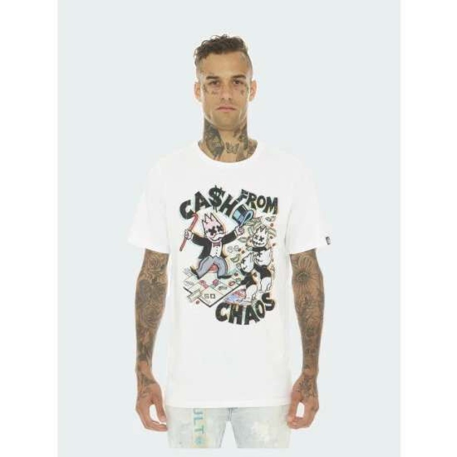 Men * | Cult Of Individuality Short Sleeve Crew Neck Tee "Cash From Chaos" Tops White