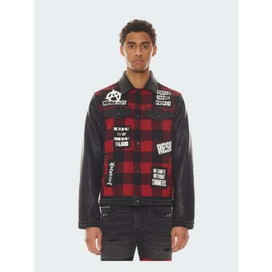 Men * | Cult Of Individuality Type Ii Denim Jacket In Plaid Coats, Jackets & Blazers Black