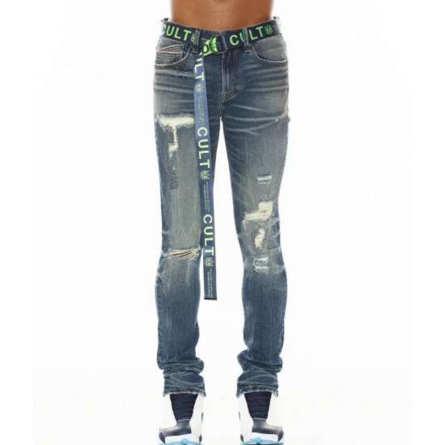 Men * | Cult Of Individuality Punk Super Skinny Jeans In Pigeon Denim & Bottoms Blue