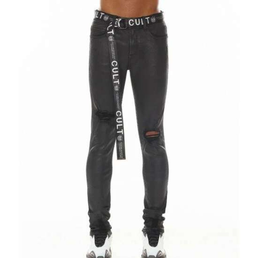 Men * | Cult Of Individuality Punk Super Skinny Jeans In Coated Denim & Bottoms Black