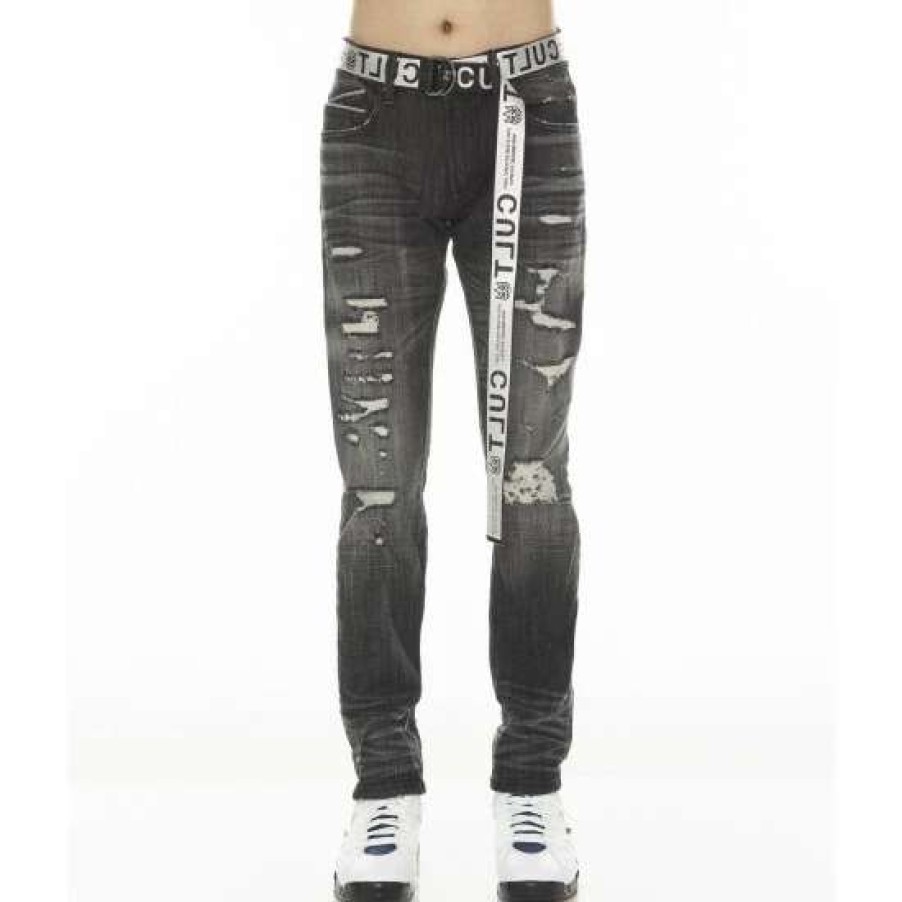 Men * | Cult Of Individuality Rocker Slim Stretch Mens Jeans W/ White Belt Denim & Bottoms Razor