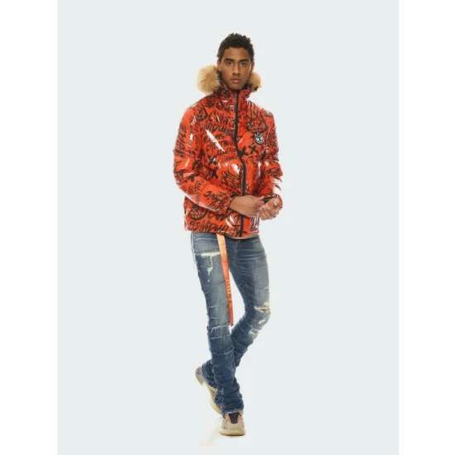 Men * | Cult Of Individuality Men'S Duck Down Puffer Jacket With Faux Fur Hood In Coats, Jackets & Blazers Orange