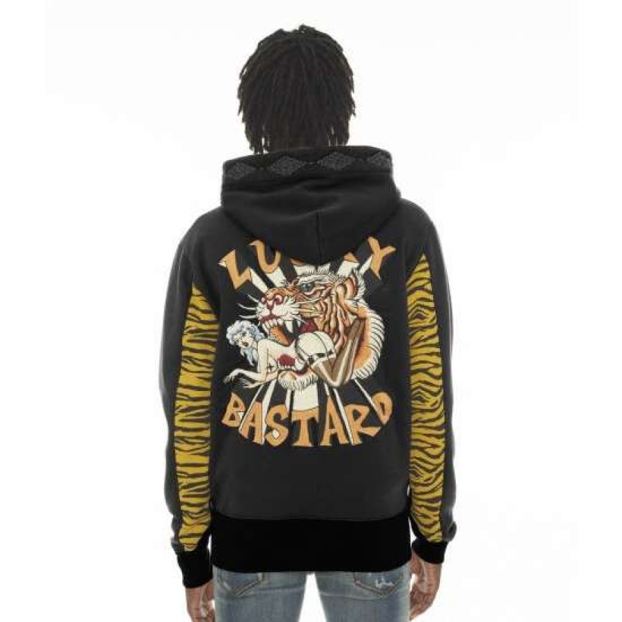 Men * | Cult Of Individuality Tiger Lucky Bastard Full Zip Hoody Sweatshirts, Sweaters & Hoodies Black