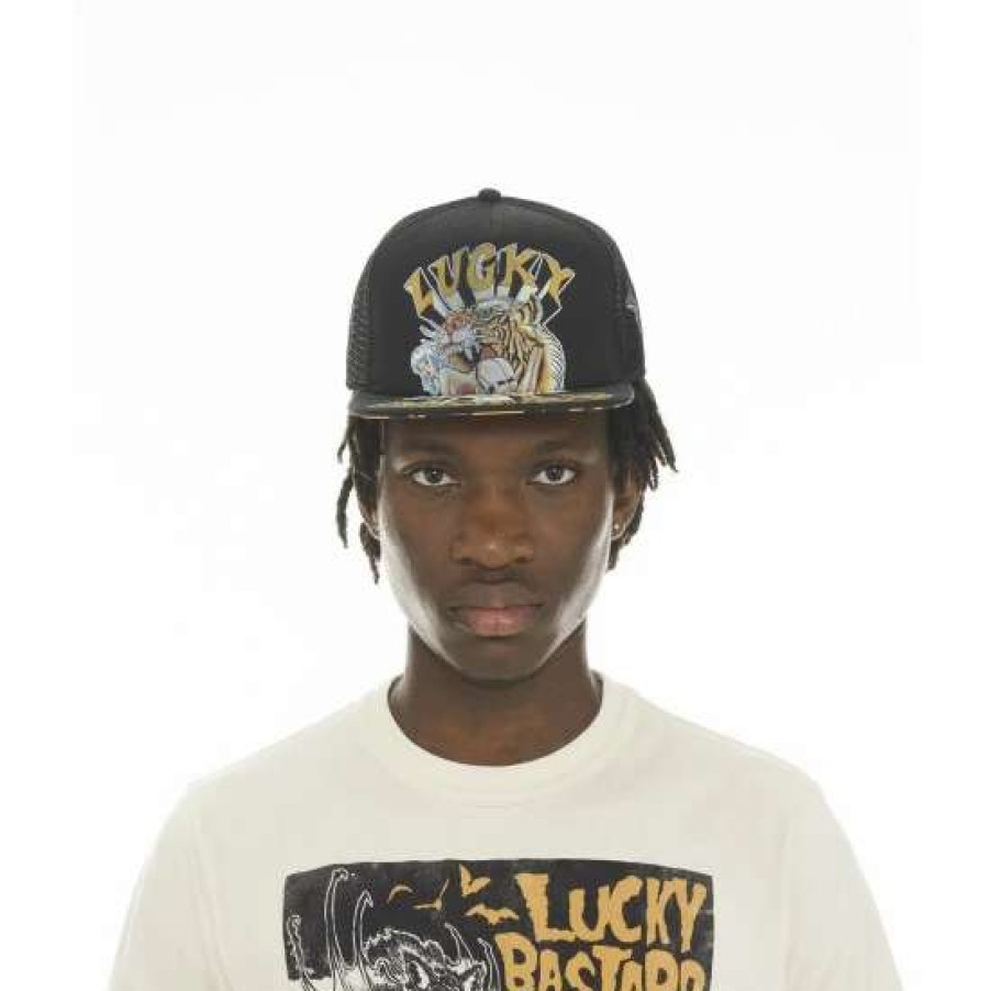 Men * | Cult Of Individuality Lucky Bastard Tiger Trucker Hat Hats Black/White