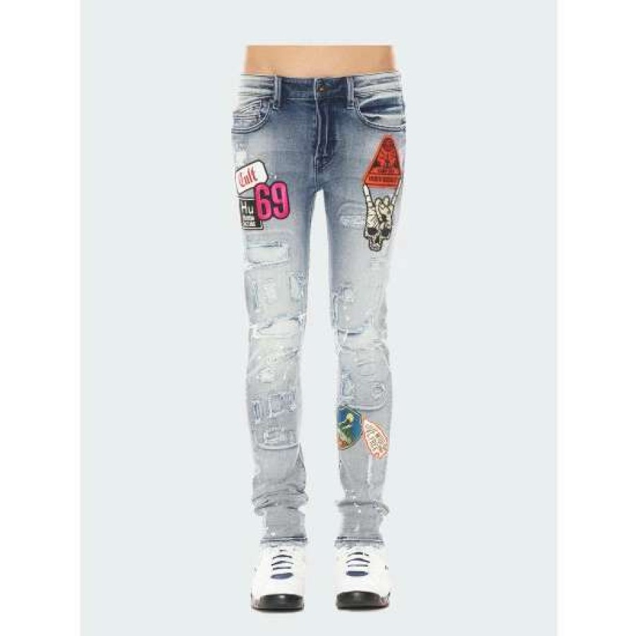 Men * | Cult Of Individuality Punk Super Skinny Jeans In Acid Denim & Bottoms Blue