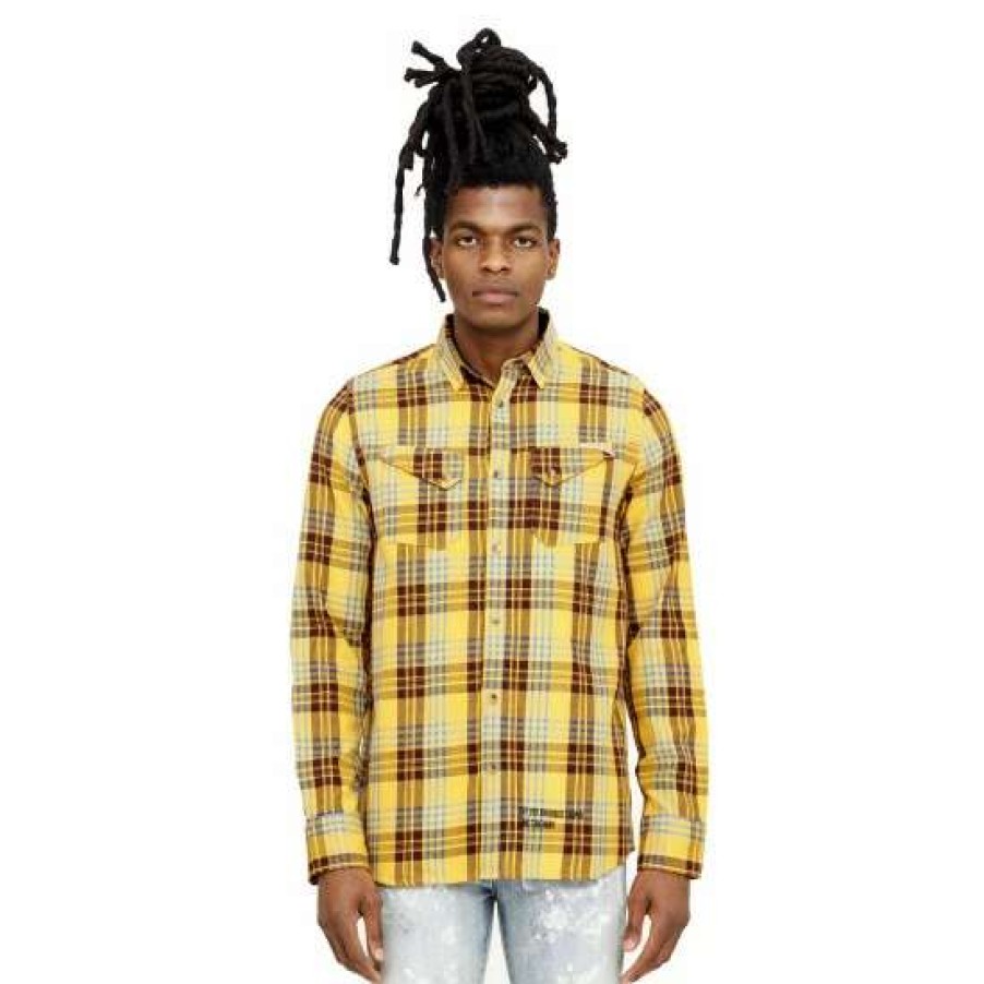 Men * | Cult Of Individuality "World On Fire" Plaid Woven Shirt Shirts Apricot