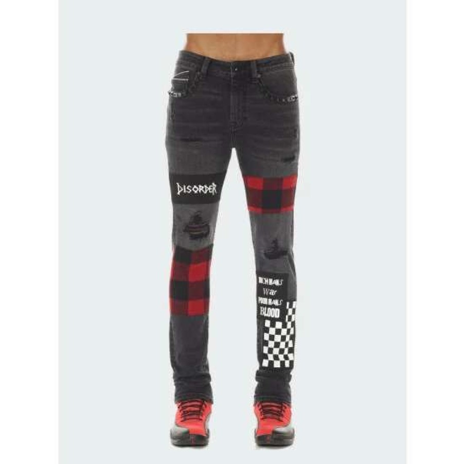 Men * | Cult Of Individuality Punk Super Skinny In Plaid Denim & Bottoms Black