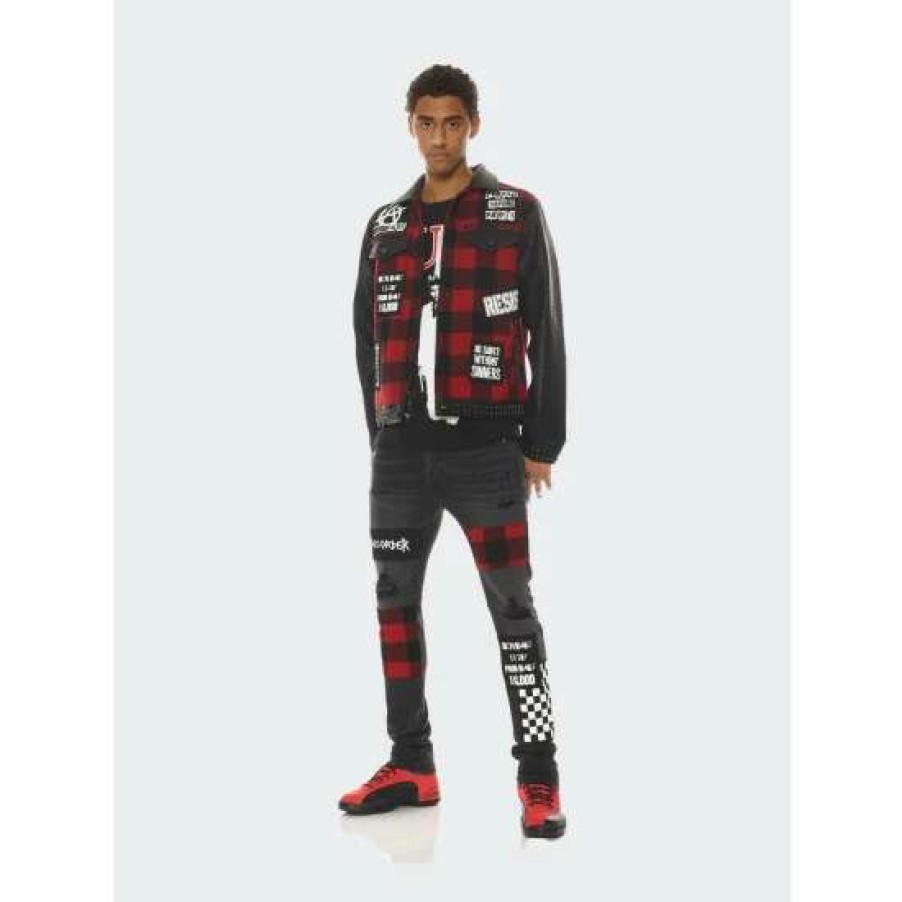 Men * | Cult Of Individuality Punk Super Skinny In Plaid Denim & Bottoms Black