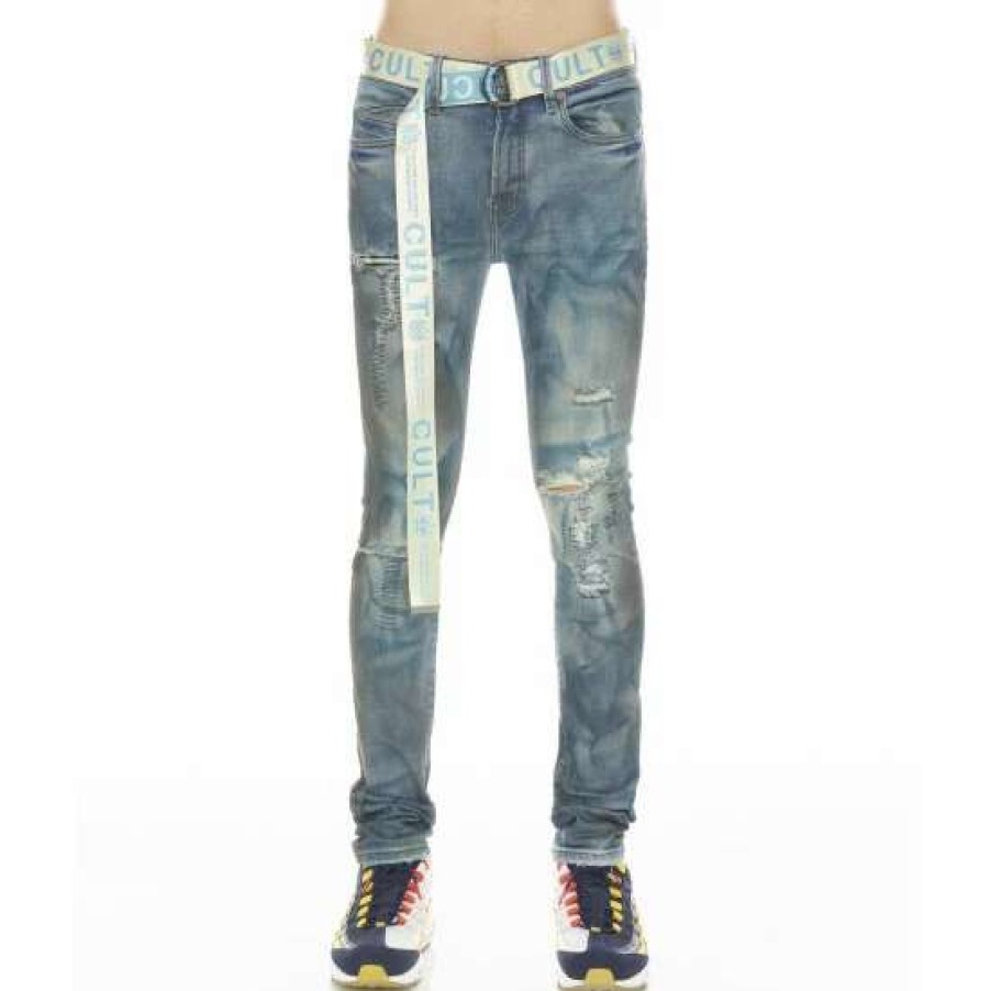 Men * | Cult Of Individuality Punk Super Skinny Stretch W/Baby Blue Belt Denim & Bottoms Kasso