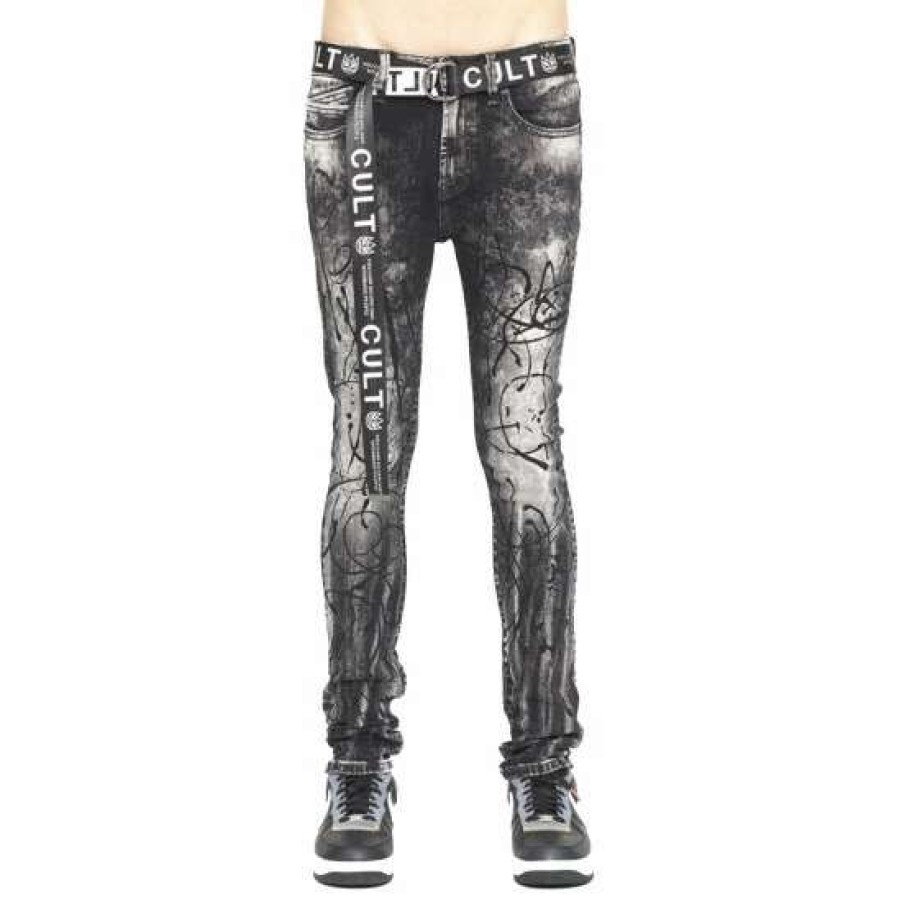 Men * | Cult Of Individuality Punk Super Skinny Belted Denim & Bottoms Black