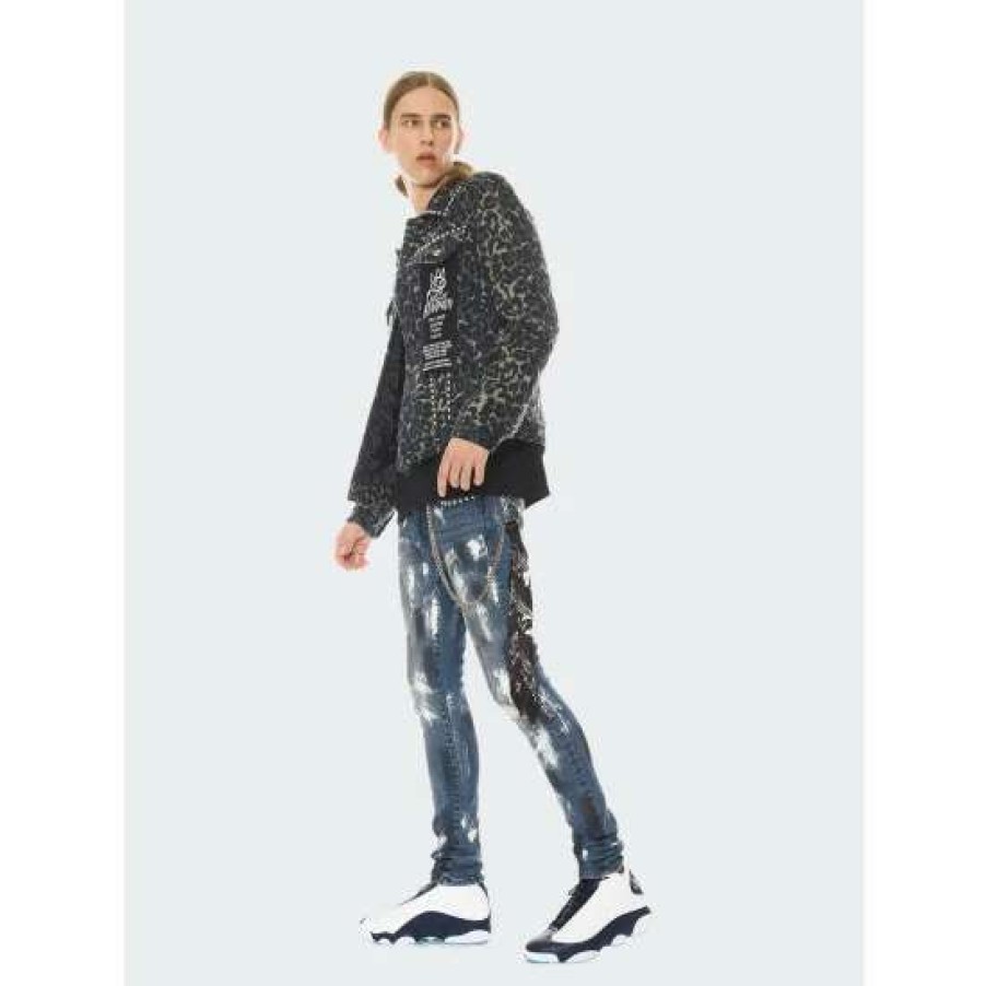 Men * | Cult Of Individuality Punk Super Skinny Jeans Leopard Denim & Bottoms Blue