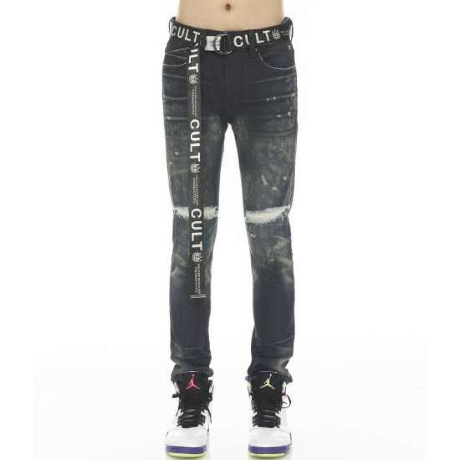 Men * | Cult Of Individuality Punk Super Skinny Stretch W/ Belt In Neko Denim & Bottoms Dark Blue