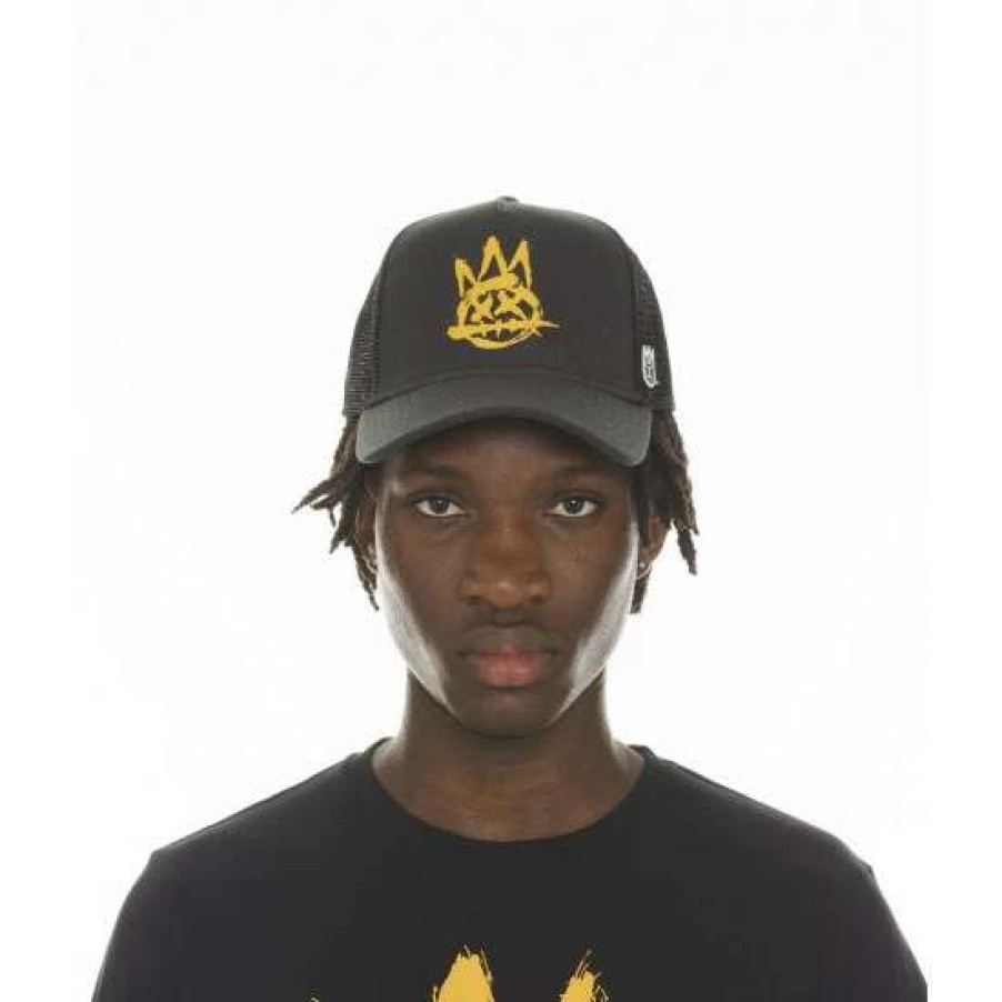 Men * | Cult Of Individuality Trucker Brushed Logo Mesh Back Gold Logo Hats Black