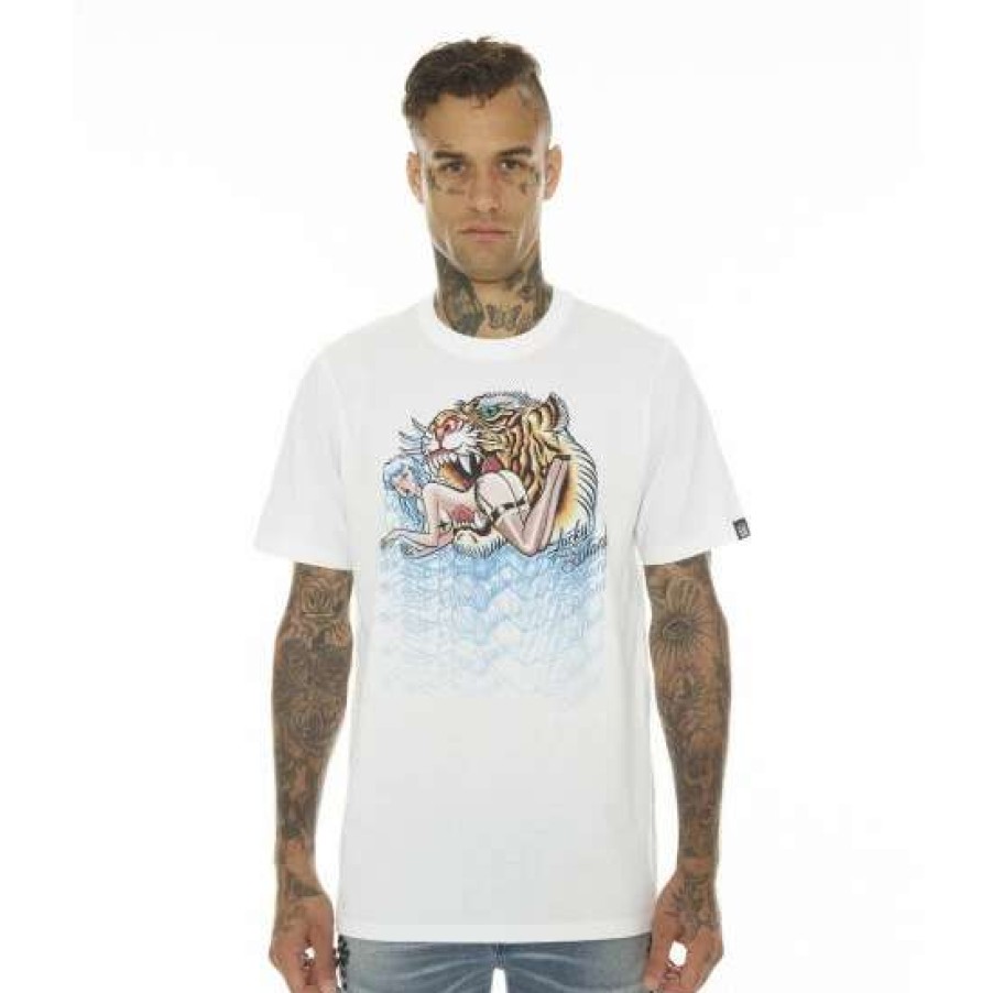 Men * | Cult Of Individuality T-Shirt Short Sleeve Crew Neck Tee"Lucky Bastard Tiger" T-Shirts White