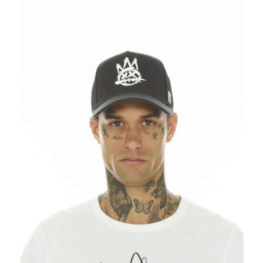 Men * | Cult Of Individuality Trucker Brushed Logo Mesh Back /White Logo Hats Black